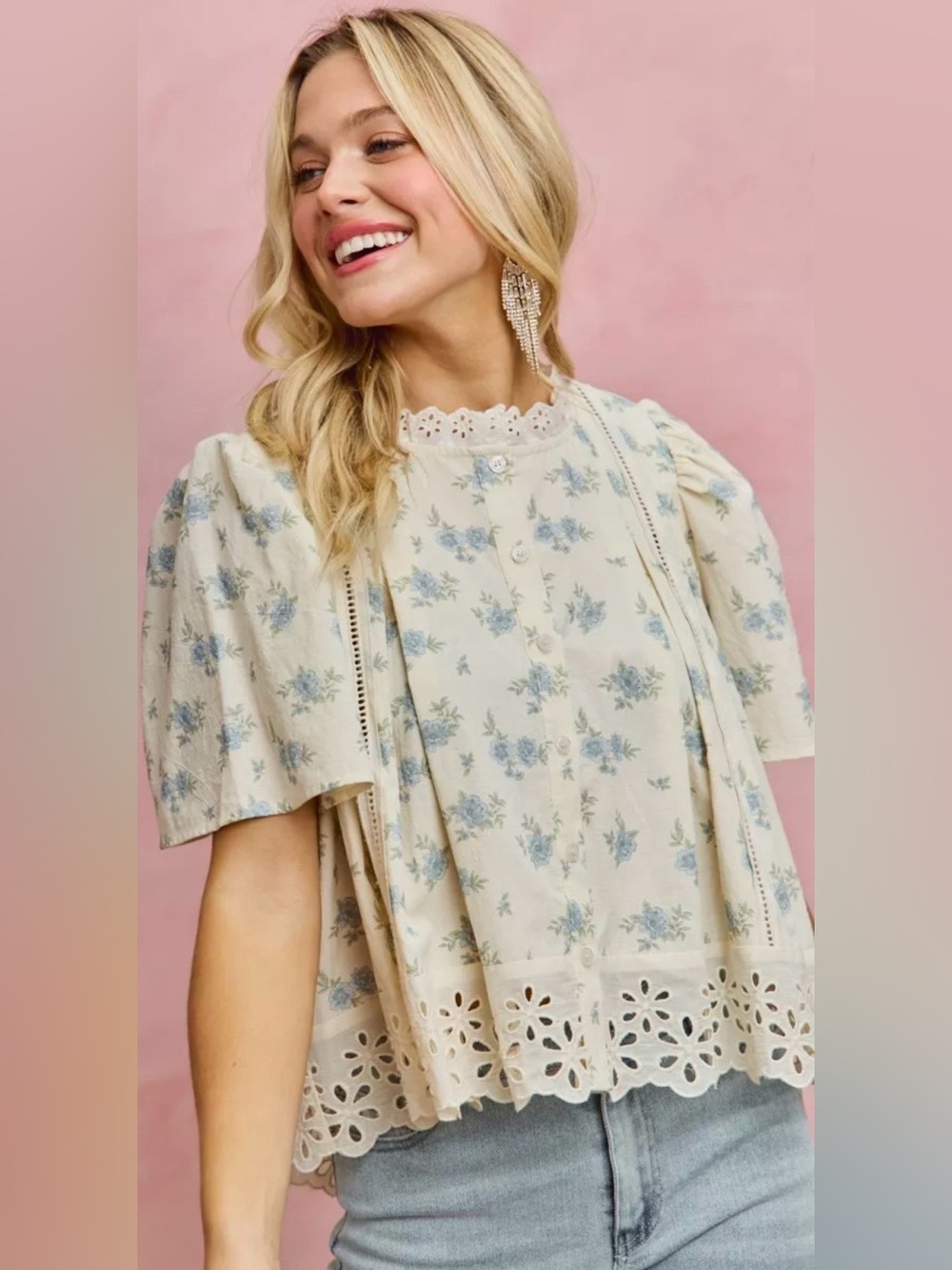 So Me Floral Print Lace Trim Blouse Top in Blue - Picture 2 of 7